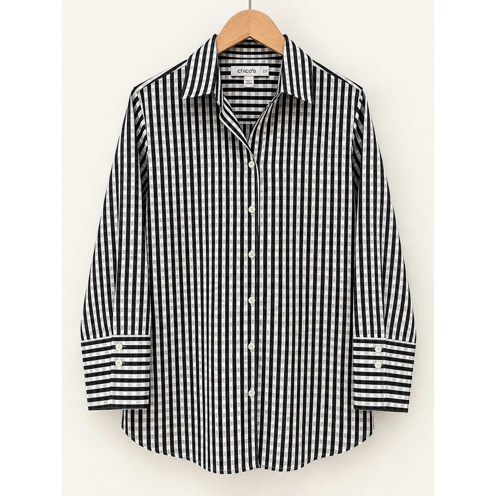 Chicos Gingham Button Down Shirt Black White Stretch Size 2.5 US 14 Long Sleeve
